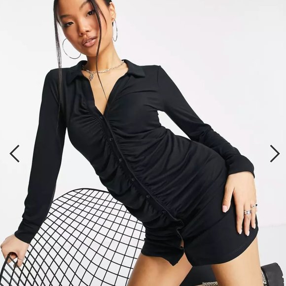 Topshop PETITE Dresses & Skirts - NWT Topshop Petite Black Dress w Collar & Ruched front, Size 2